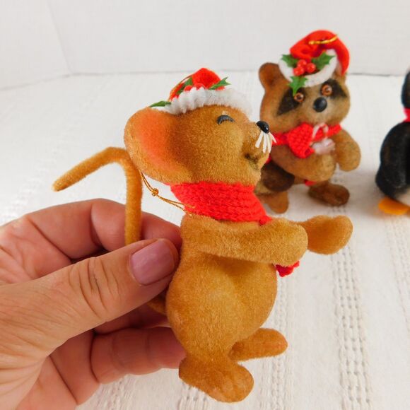 Flocked Christmas Ornaments, Lot of 3 Vintage 1960s Japan Raccoon Mouse Penguin - Picture 3 of 9